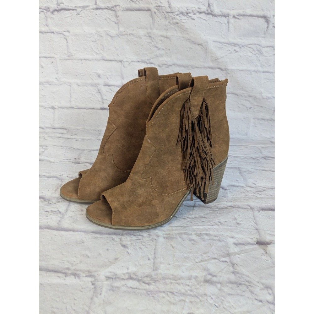 Comfort Women's Brown Fringe Faux Suede Peep Toe Block‎ Heel Booties 9